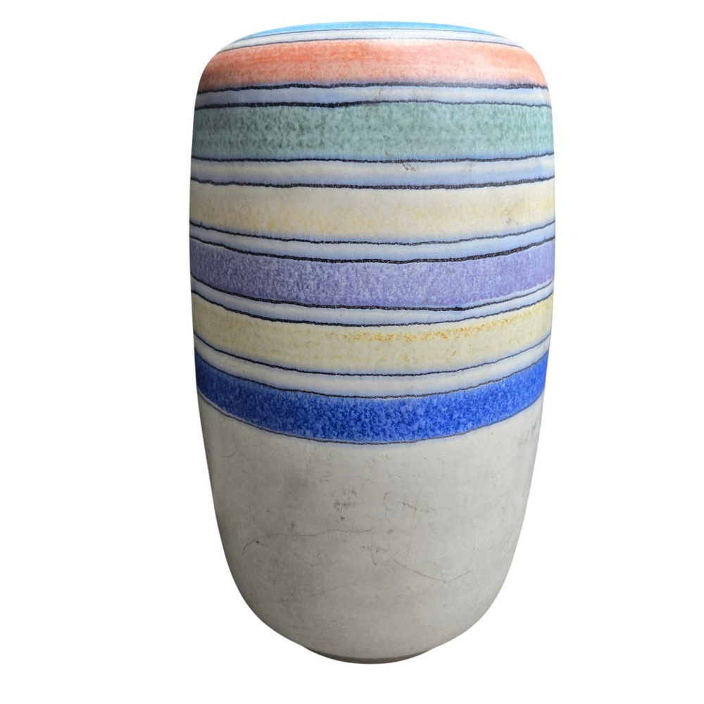 Ceramic Decorative Vase Multi-Color Horizontal Striped Floor Cylinder 11.5 in